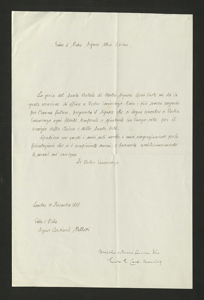 The letter from Archbishop of Westminster Henry Manning to Cardinal Luigi Pallotti